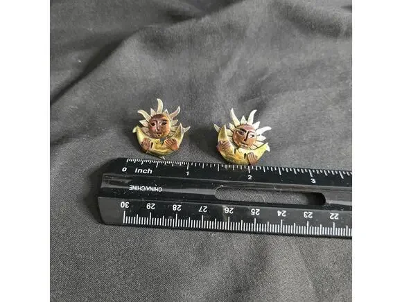 Vintage Taxco Sterling Silver Sun Moon Face Earrings Mixed Metal 925 Copper - Picture 8 of 8